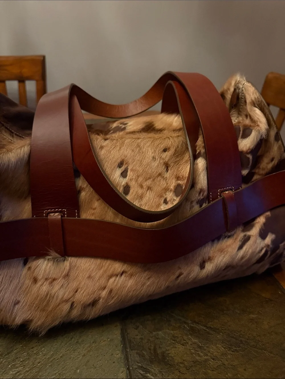 Brown Leather-Strap Horse Hair Barrel Buckle Bag